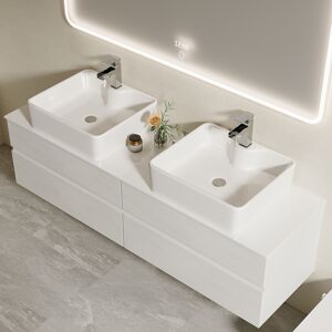 Homary 60" Floating Bathroom Vanity Cultured Marble Top with Ceramic Vessel Sink White