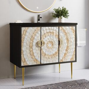 Homary 40" Black Freestanding Bathroom Vanity Set White & Brown Mother of Pearl with 3 Doors