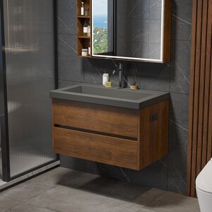 Homary 31.5" Floating Bathroom Vanity Wall Mounted Concrete  with Single Sink & Charging Station in Walnut