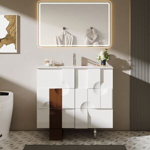 Homary 35" Freestanding Bathroom Vanity with Ceramics Undermount Sink in White & Walnut
