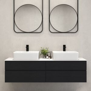Homary 60" Black Floating Bathroom Vanity Set Cultured Marble Top with Ceramic Vessel Sink