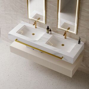 Homary 57" White Wall Mounted Double Sink Bathroom Vanity with 3 Drawers Faux Marble Top