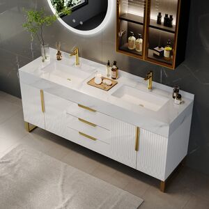 Homary 59" Bathroom Vanity Freestanding Cultured Marble Top with Double Sink Drawers & Doors White