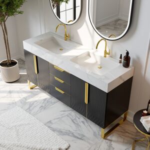 Homary 59" Bathroom Vanity Freestanding Cultured Marble Top with Double Sink Drawers & Doors Black