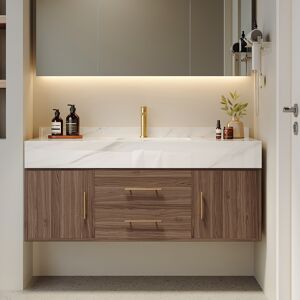 Homary 39" Floating Bathroom Vanity Set Wall Mounted Stone Countertop Washroom Medicine Cabinet Walnut with Undercounter Ceramic Sink