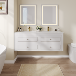 Homary 59.1" Floating Bathroom Vanity Set Ceramic Top with Undermounted Double Sinks & 4 Drawers in White