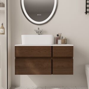 Homary 31.5" Floating Bathroom Vanity Cultured Marble Top Walnut with Ceramic Vessel Sink