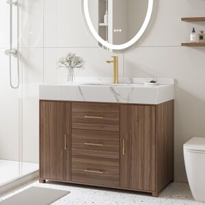 Homary 39.3" Floating Bathroom Vanity Cultured Marble Top Bathroom Cabinet Walnut with Sink