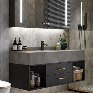 Homary 39.4" Floating Bathroom Vanity Black with Cultured Marble Vessel Sink with 2 Drawers