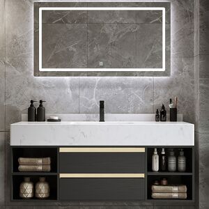Homary 39.4" Floating Bathroom Vanity Set Cultured Marble Black with Ceramic Sink & 2 Drawers