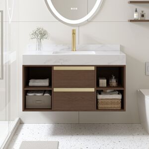 Homary 39.4" Floating Bathroom Vanity Set Cultured Marble Walnut with Ceramic Sink & 2 Drawers