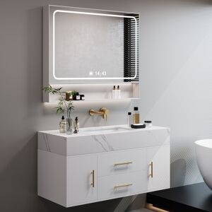 Homary 39.4" Floating Bathroom Vanity Wall Mounted Cultured Marble White Bathroom Cabinet with Sink