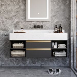 Homary 39.4" Floating Bathroom Vanity Set Cultured Marble Black with Ceramic Sink & 2 Drawers
