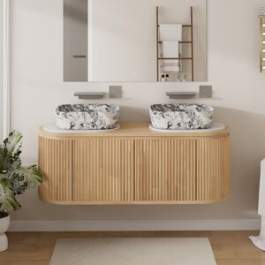 Homary 59" Freestanding Bathroom Vanity Set with Double Cultured Marble Sinks Natural