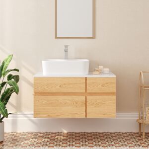 Homary 31" Floating Bathroom Vanity Faux Marble Top Ceramic Vessel Sink Natural & White