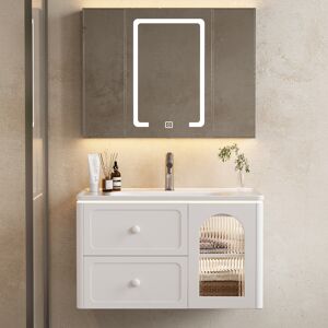 Homary 31.5" Modern Floating LED Bathroom Vanity with Ribbed Glass Door & Drawers