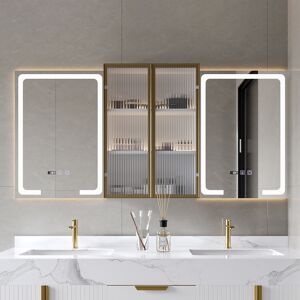 Homary 59" LED Lighted Medicine Cabinet Wooden Wall-mounted Bathroom Mirror with Doors