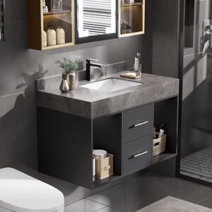 Homary 35" Floating Bathroom Vanity with Cultured Marble Vessel Sink with 2 Drawers Black & Gray