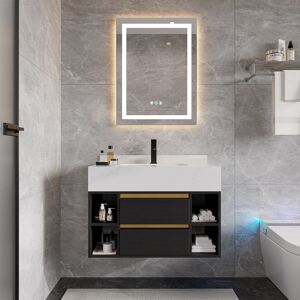 Homary 31.4" Floating Bathroom Vanity Set Cultured Marble Black with Ceramic Sink & 2 Drawers