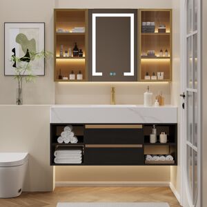 Homary 47.2" Floating Bathroom Vanity Set Cultured Marble Black with Ceramic Sink & 2 Drawers