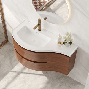 Homary 35" Floating Curved Bathroom Vanity Half-Circle Bathroom Cabinet Walnut
