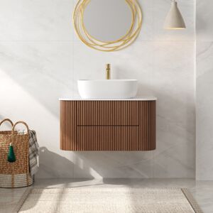 Homary 31.5" Floating Fluted Wall mounted Bathroom Vanity Set Cultured Marble Top with Vessel Single Sink & 2 Drawers