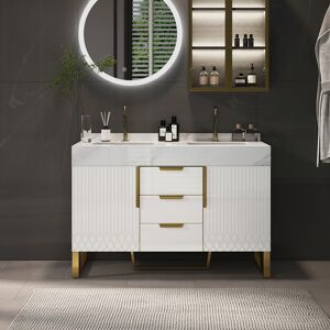 Homary 47.2" Bathroom Vanity Freestanding Cultured Marble Top with Double Sink Drawers & Doors White