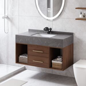 Homary 39.4" Floating Bathroom Vanity Walnut with Cultured Marble Vessel Sink with 2 Drawers