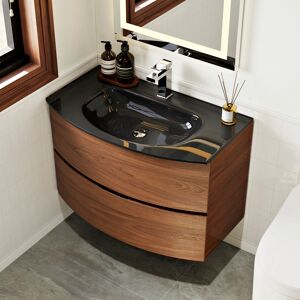 Homary Modern 800mm Floating Bathroom Vanity with One-piece Glass Basin 2 Drawers in Walnut