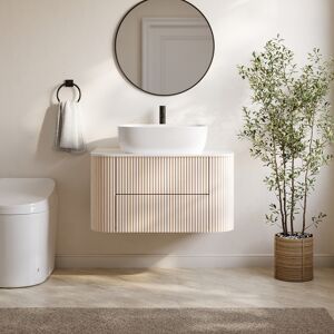 Homary 31.5" Whitewash Fluted Bathroom Vanity with Vessel Sink – Wall-Mounted Floating Design