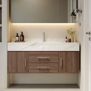 Homary 39" Floating Bathroom Vanity Set Wall Mounted Stone Top Bathroom Cabinet Walnut with Sink
