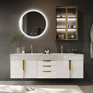 Homary 59" Wall Mounted Bathroom Vanity Faux Marble Top with Double Sink White