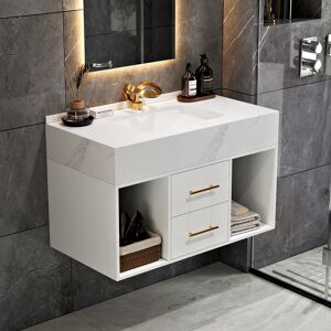 Homary 35.4" Floating Bathroom Vanity with Cultured Marble Vessel Sink with 2 Drawers in White