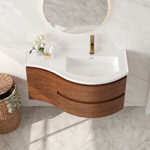 Homary 35" Floating Curved Bathroom Vanity Half-Circle Bathroom Cabinet Walnut