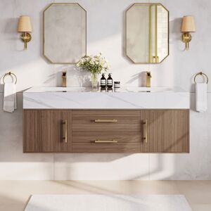 Homary 59" Double Sink Bathroom Vanity with Gold Handles – Walnut Modern Floating Vanity