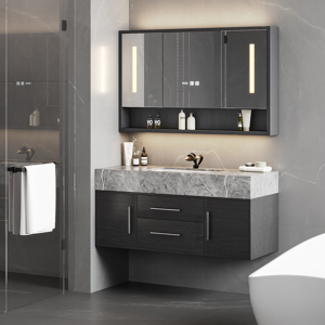 Homary 39.4" Black Floating Bathroom Vanity Set with LED Medicine Cabinet