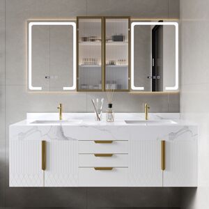 Homary 59" Double Sink Floating Vanity Set with LED Medicine Cabinet with Storage