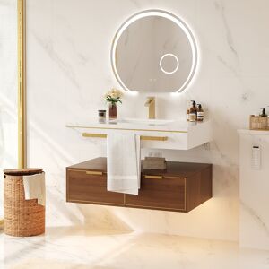 Homary 36" Modern Wall-Mounted Bathroom Vanity with LED Light, Walnut Cabinet & Ceramic Sink
