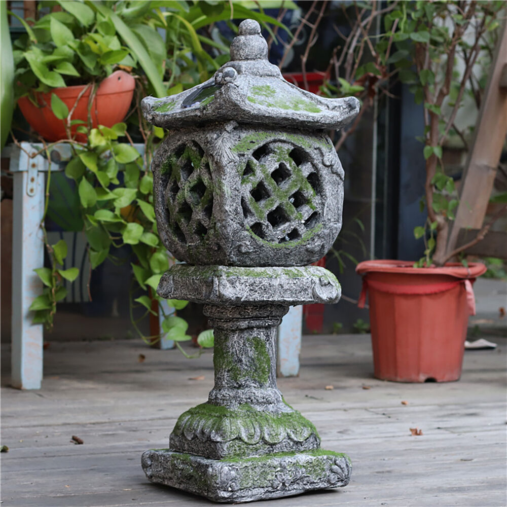 Homary Outdoor Garden Japanese Solar Lantern Sculpture Concrete Gray Fiberglass Asian Decor