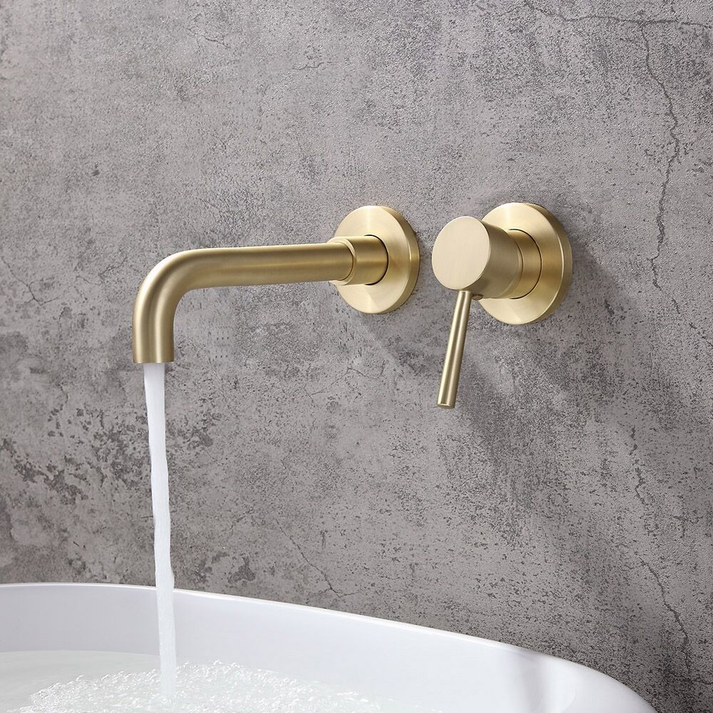 Homary Stev Brushed Brass Single Lever Wall Mounted Bathroom Faucet Swivel Sink Faucet Brass