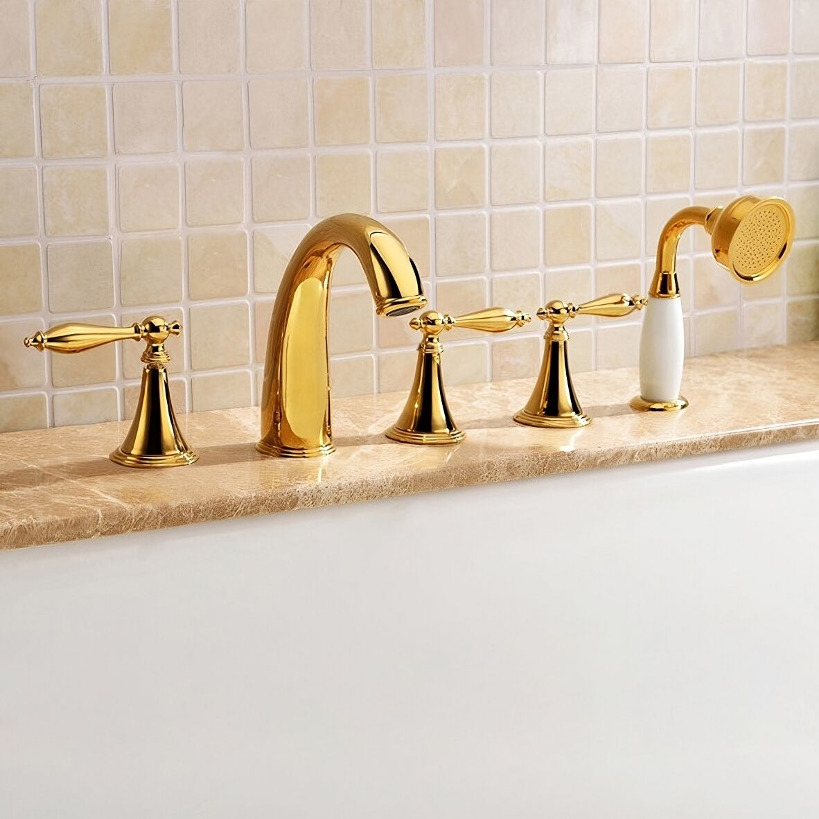 Homary Deck Mounted Roman Bathtub Faucet with Handshower Solid Brass in Gold