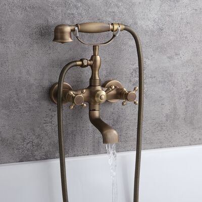 Homary Chester Classic Style Antique Brass Wall Mount Clawfoot Tub Filler with Hand Shower Homary Chester Classic Style Antique Brass Wall Mount Clawfoot Tub Filler with Hand Shower