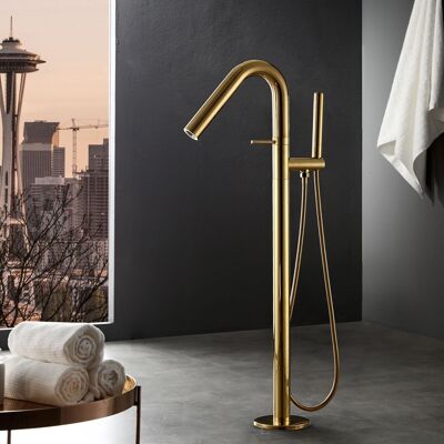 Homary Modern Freestanding Tub Faucet Floor Mounted Tub Filler with Handheld Shower Gold Homary Modern Freestanding Tub Faucet Floor Mounted Tub Filler with Handheld Shower Gold