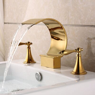 Homary Mooni Waterfall Widespread Lever Handle Bathroom Sink Faucet in Glistening Gold Homary Mooni Waterfall Widespread Lever Handle Bathroom Sink Faucet in Glistening Gold