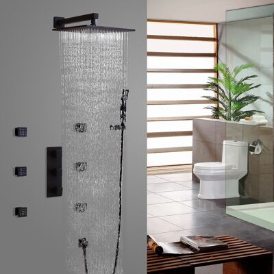 Homary Modern Matte Black Wall Mounted 12" Rainfall Showerhead & Handheld Shower Set with Six Body Spray Jets Thermostatic Solid Brass Homary Modern Matte Black Wall Mounted 12" Rainfall Showerhead & Handheld Shower Set with Six Body Spray Jets Thermostatic Solid Brass