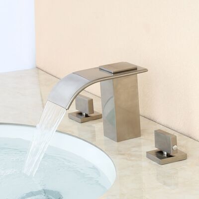 Homary Milly Waterfall Double Knob Handle Widespread Sink Faucet Brass Bathroom Brushed Nickel Homary Milly Waterfall Double Knob Handle Widespread Sink Faucet Brass Bathroom Brushed Nickel