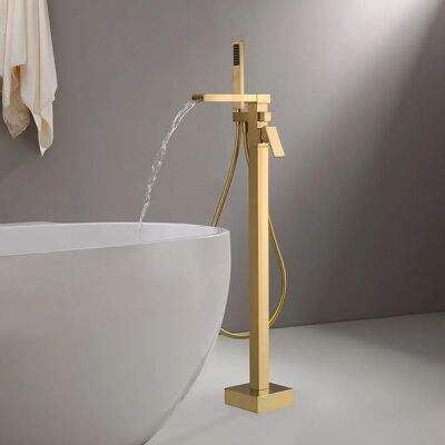Homary Modern Waterfall Bathroom Tub Filler Faucet with Handheld Spray Solid Brass Brushed Gold Homary Modern Waterfall Bathroom Tub Filler Faucet with Handheld Spray Solid Brass Brushed Gold