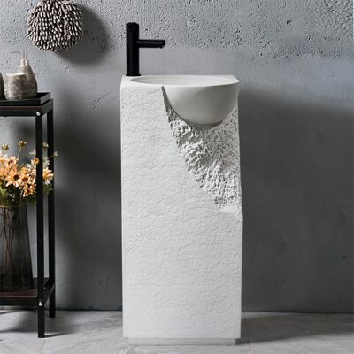 Homary 34" Japandi Tall Stone Resin Pedestal Sink with Rounded Basin Freestanding in White Homary 34" Japandi Tall Stone Resin Pedestal Sink with Rounded Basin Freestanding in White