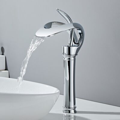 Homary Modern Elegant Waterfall Bathroom Vessel Sink Faucet Single Handle Solid Brass in Chrome Homary Modern Elegant Waterfall Bathroom Vessel Sink Faucet Single Handle Solid Brass in Chrome