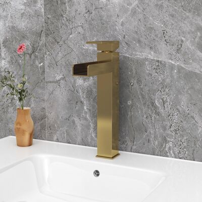 Homary Brushed Gold Single Handle Waterfall Bathroom Vessel Sink Faucet Solid Brass Modern Homary Brushed Gold Single Handle Waterfall Bathroom Vessel Sink Faucet Solid Brass Modern